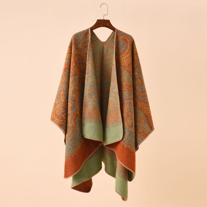 Damen Paisley-Jacquard-Capeponcho aus Wollmix mit Zierkettelnaht Drune