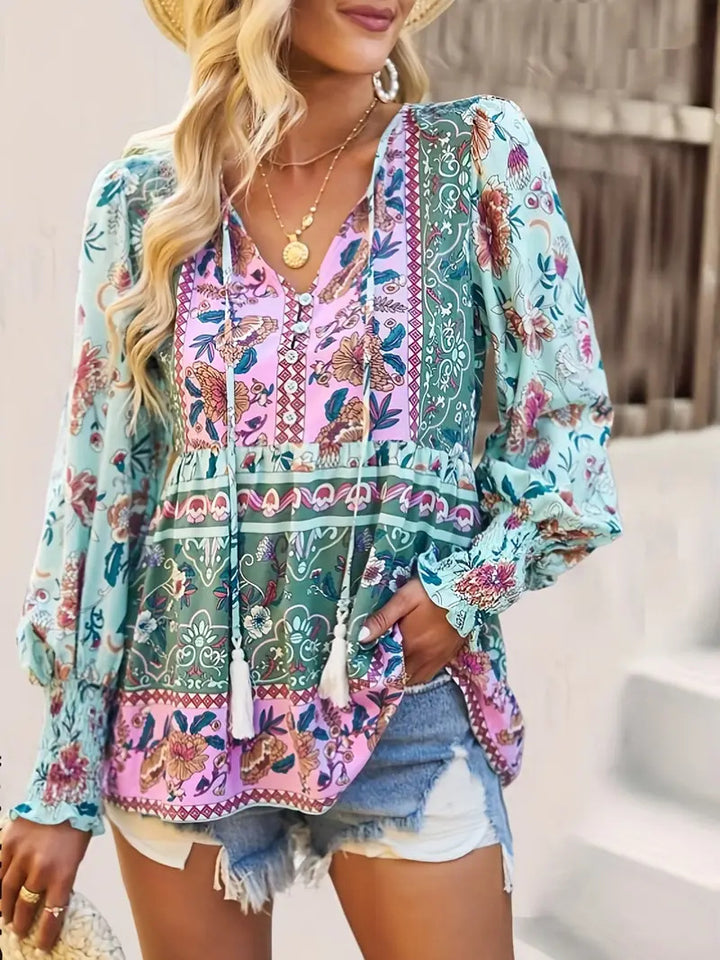 Damen Hübsches Blusenshirt mit floralem Design und Kordel Drune