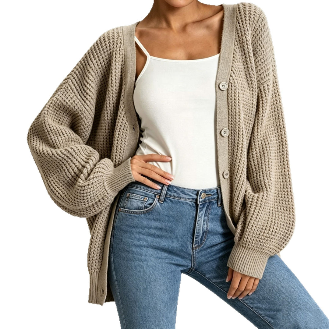 Damen Oversize Grobstrick-Cardigan mit Ballonärmeln und Knopfleiste Drune