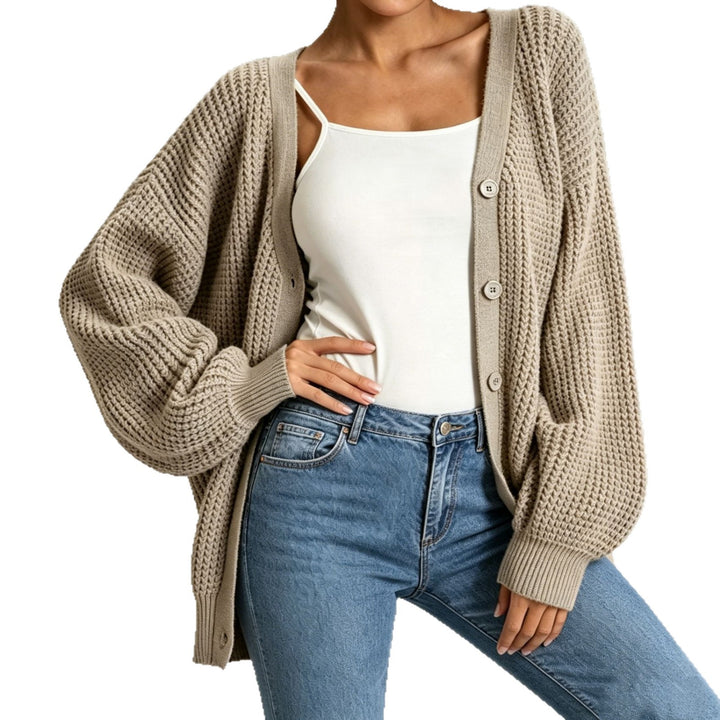 Damen Oversize Grobstrick-Cardigan mit Ballonärmeln und Knopfleiste Drune