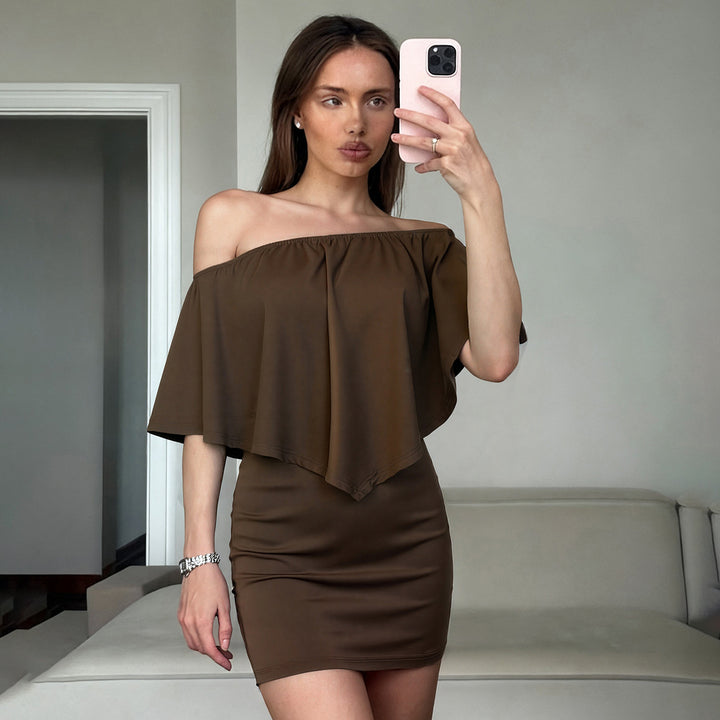 Damen elegantes Knielanges Abiballkleid mit Off-Shoulder Design und voluminösen Ärmeln Drune