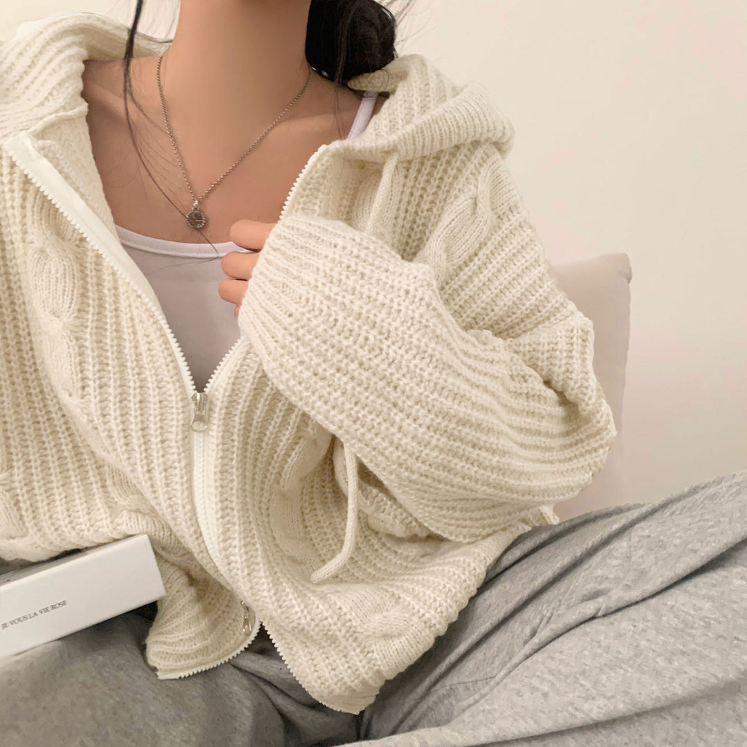 Damen Bequemer Strickjacke mit Kapuze und Reißverschluss Drune