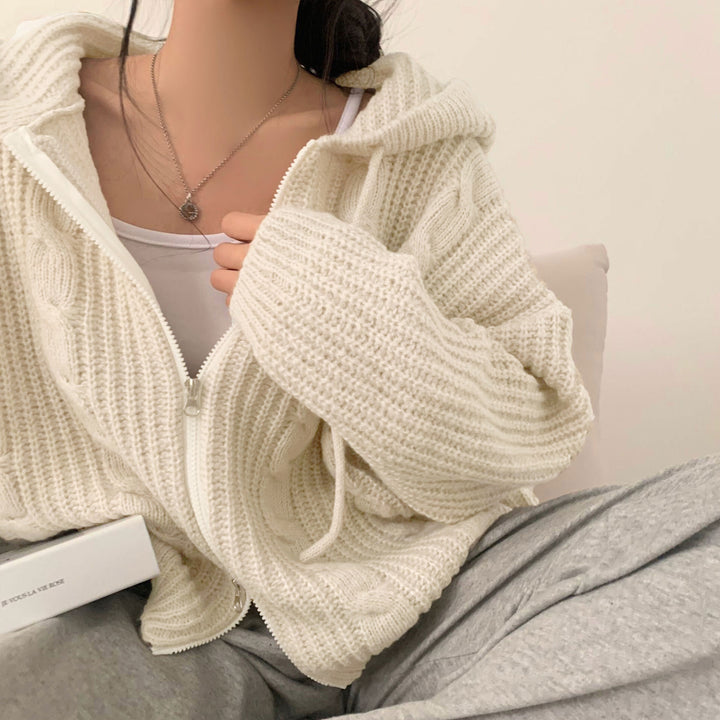 Damen Bequemer Strickjacke mit Kapuze und Reißverschluss Drune