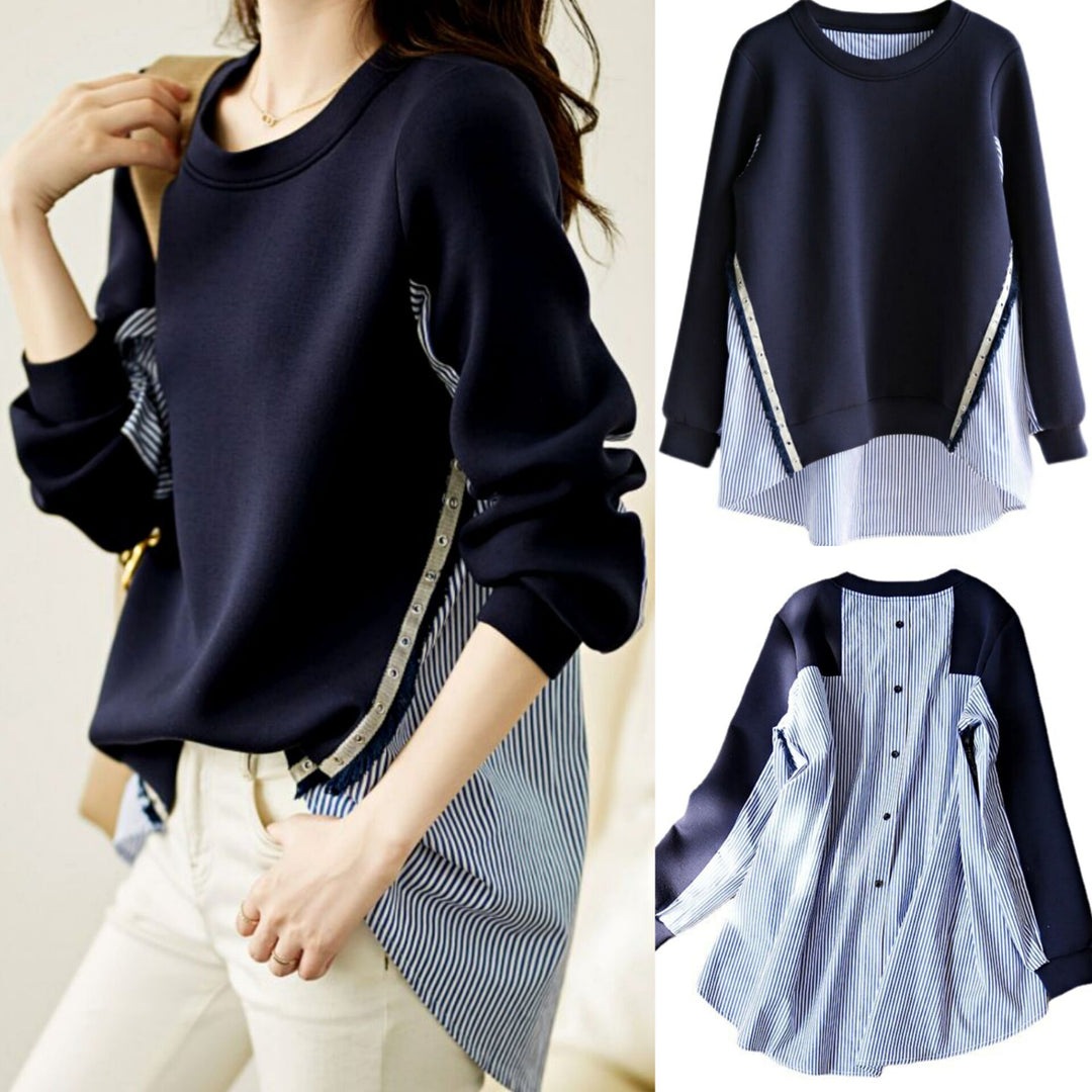 Damen nan Lagenlook-Sweatshirt mit gestreiftem Hemdsaum, Zierriegeln und verlängertem Rückteil Drune