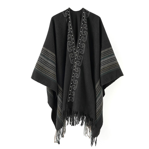 Damen Wollmix-Poncho im Kimono-Stil mit Nietenbordüre und Fransensaum Drune