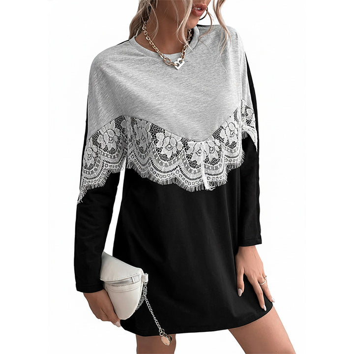 Damen Longshirtkleid mit V-förmiger Spitzenapplikation und legerer Passform Drune