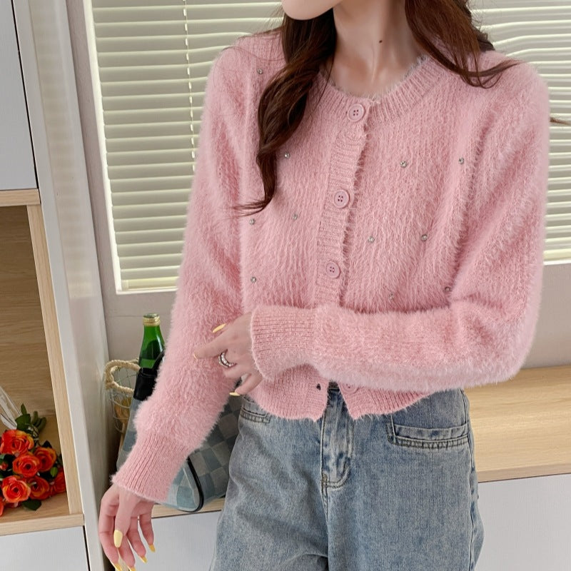 Damen elegante Strickjacke mit trendigen Perlenakzenten Drune