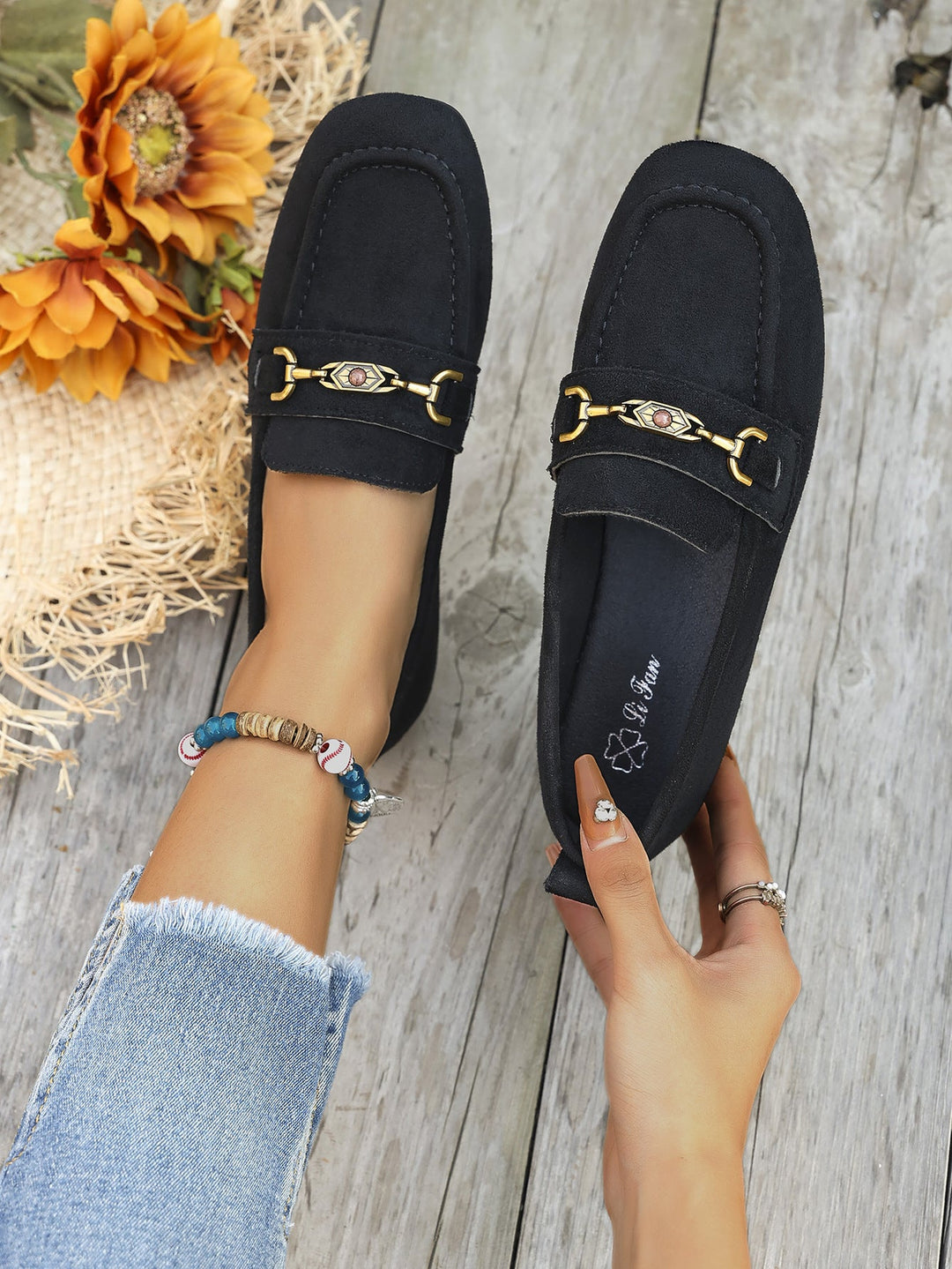 Damen Mokassins mit schicke Goldakzent und weichem Veloursleder Drune