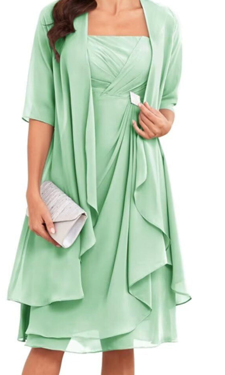 Damen festliches Maxikleid mit einem eleganten Wickeldesign und transparenter Ärmeln Drune