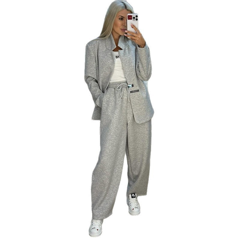 Damen lässige Sweater-Blazer-Kombination mit weit geschnittenen Hosen Drune