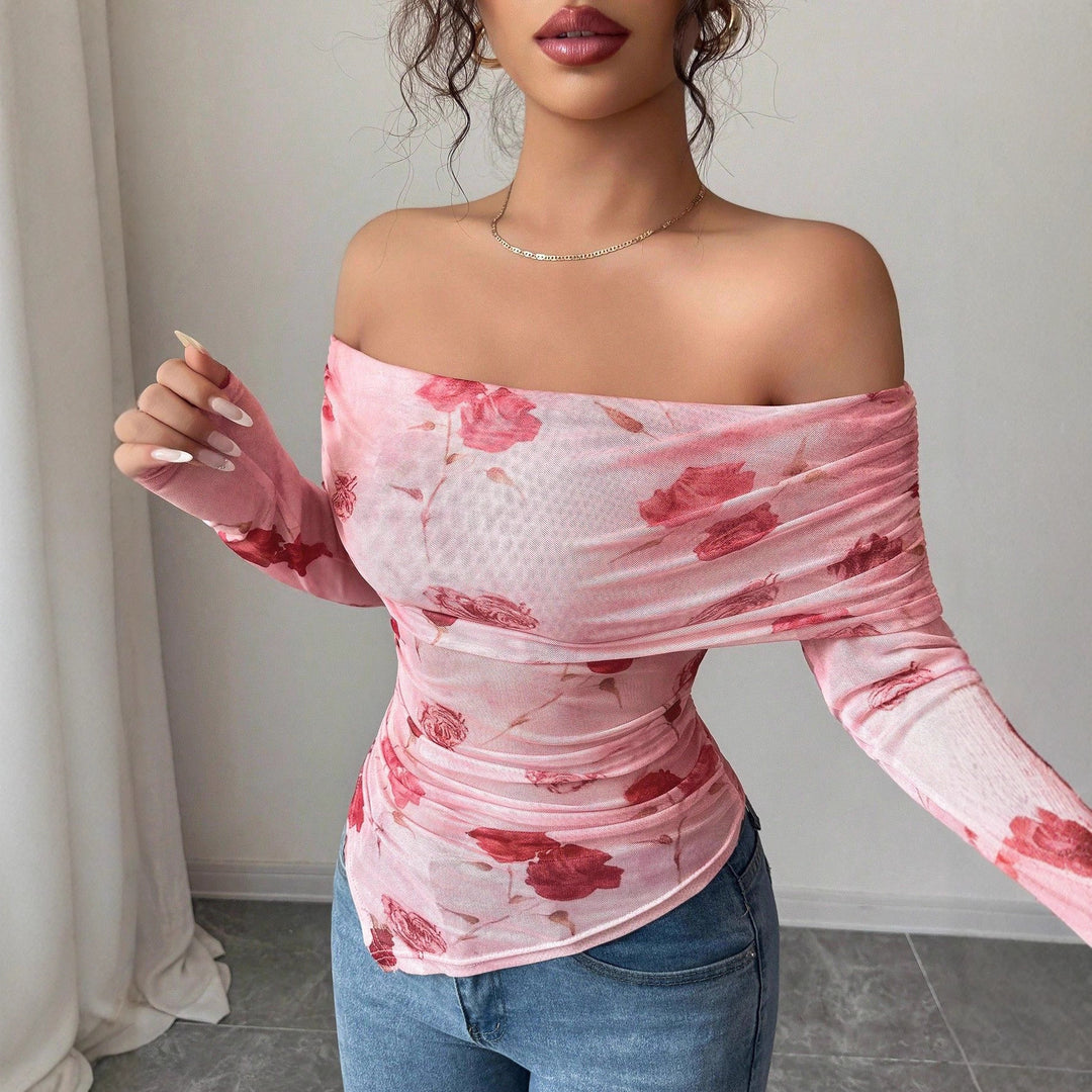 Damen nan schulterfreies gerafftes Langarm-Oberteil aus feinem Mesh mit floralem Print und taillierter Silhouette Drune