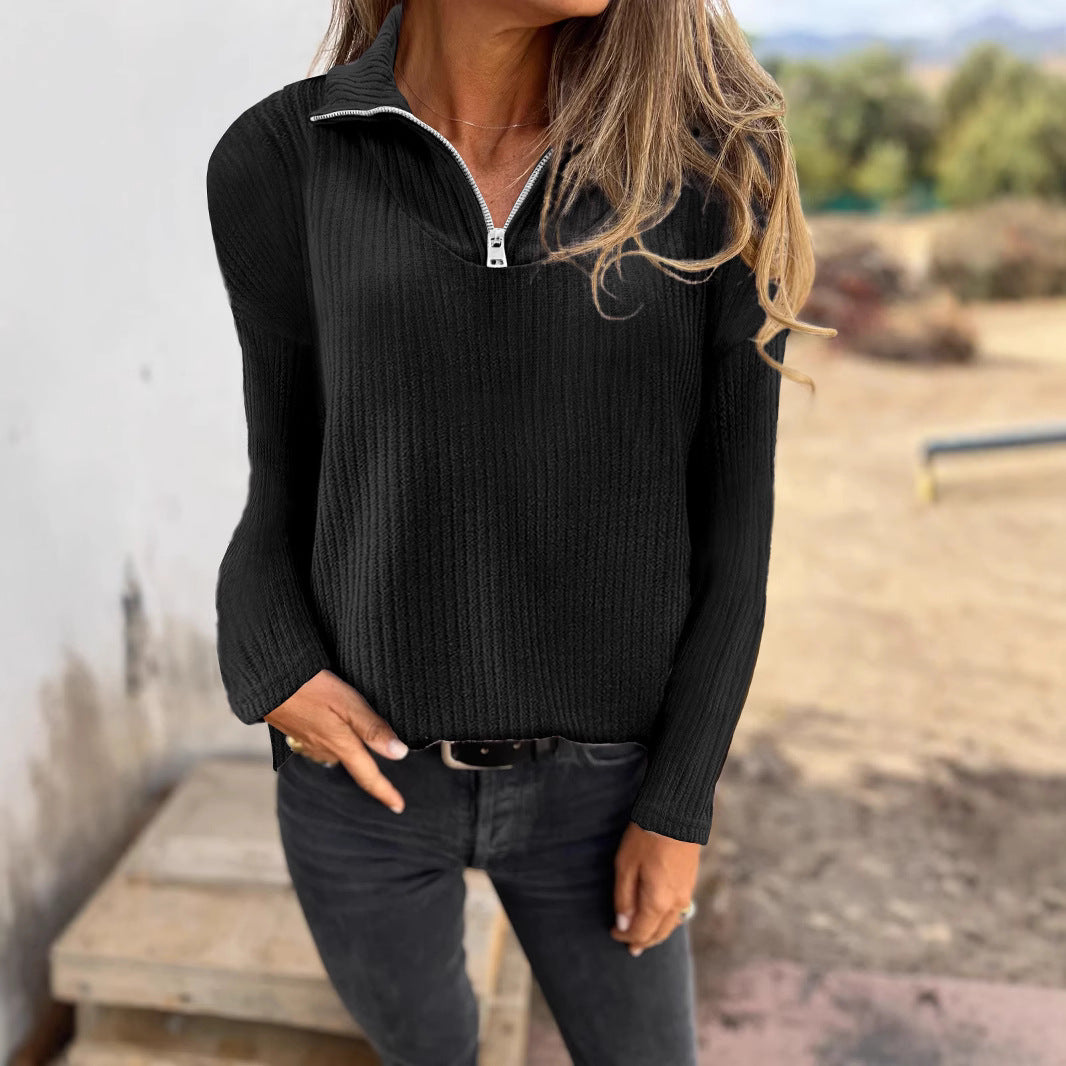 Damen Rippstrickpullover mit halbem Reißverschluss und Stehkragen Drune