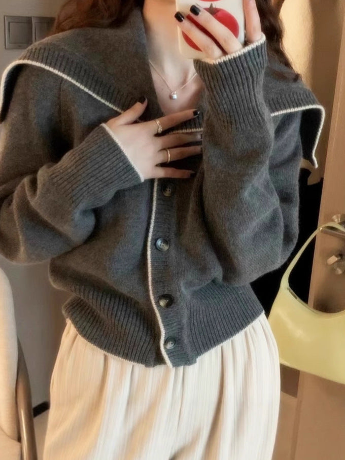 Damen Strickcardigan mit übergroßem Matrosenkragen und kontrastkante Drune