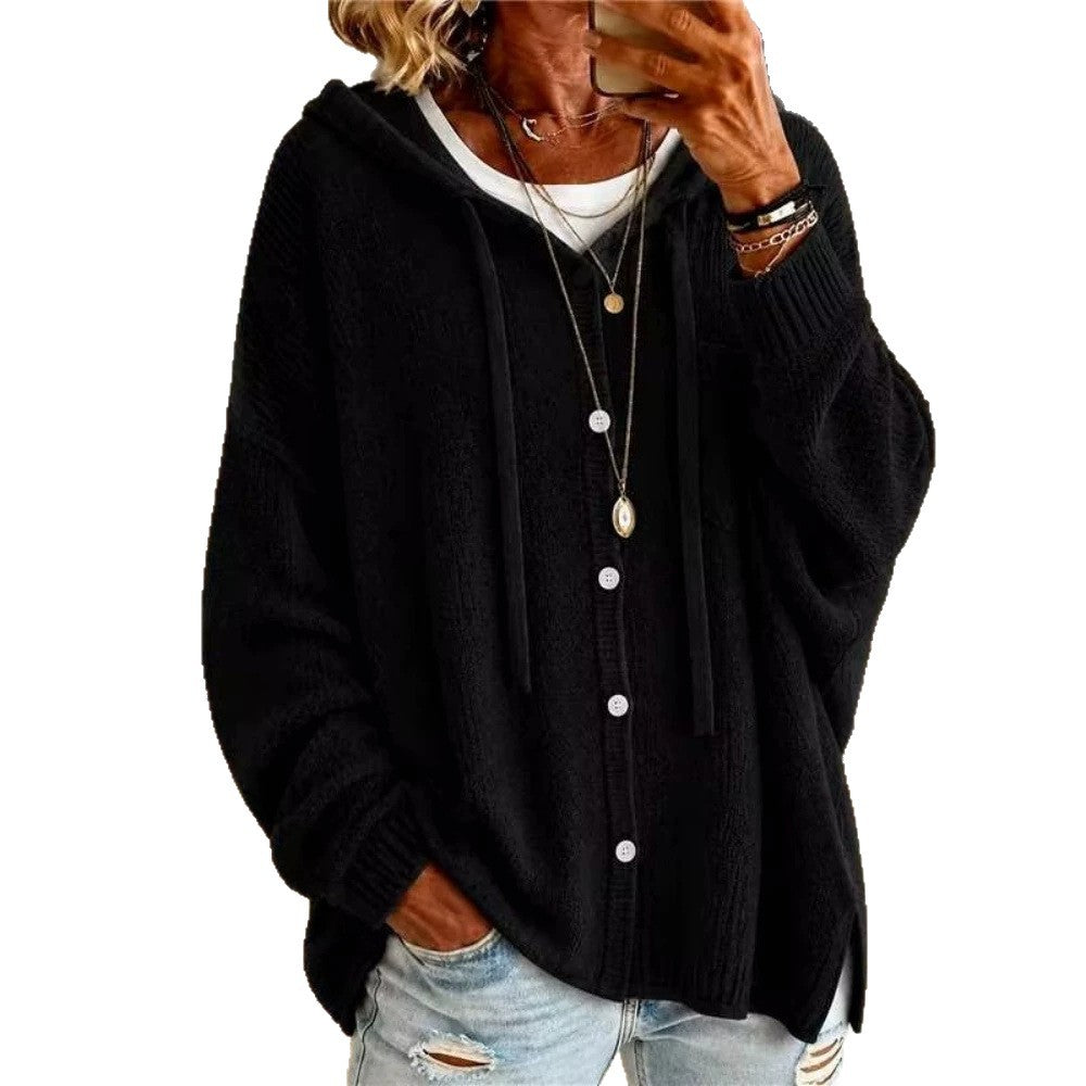 Damen Kapuzen-Cardigan aus strukturiertem Feinstrick mit Knopfleiste Drune