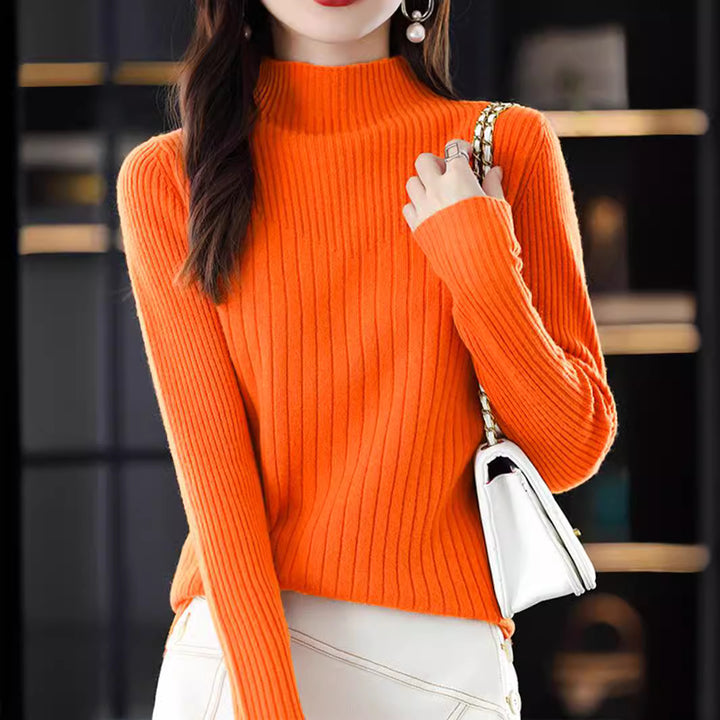 Damen eleganter Feinstrickpullover mit hohem Kragen und feinem Rippmuster Drune