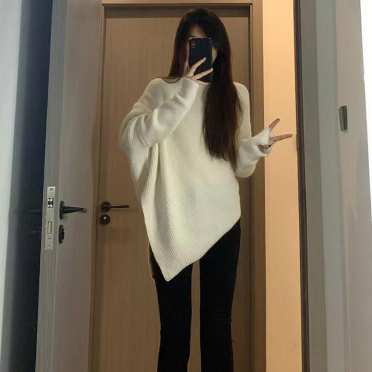 Damen Oversized Strickpullover mit asymmetrischem Schnitt und feiner Rippstruktur Drune