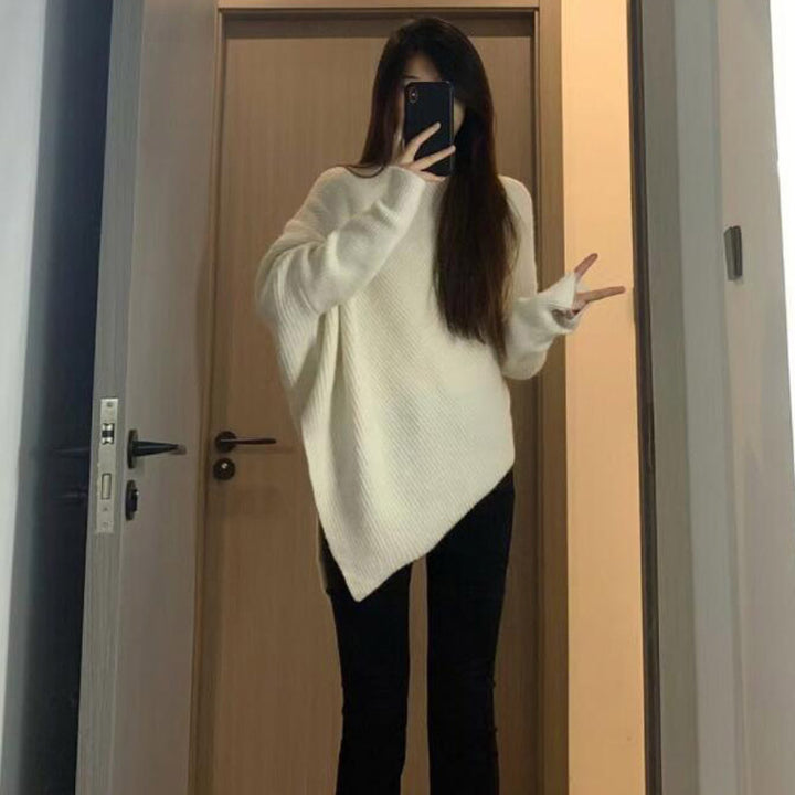 Damen Oversized Strickpullover mit asymmetrischem Schnitt und feiner Rippstruktur Drune