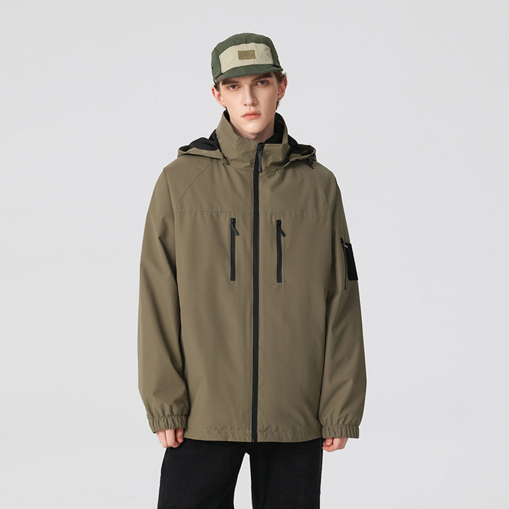 Herren technische, wind‑ und wasserabweisende Kapuzenjacke mit Brust‑Reißverschlusstaschen und Ärmel‑Utility‑Fach Drune