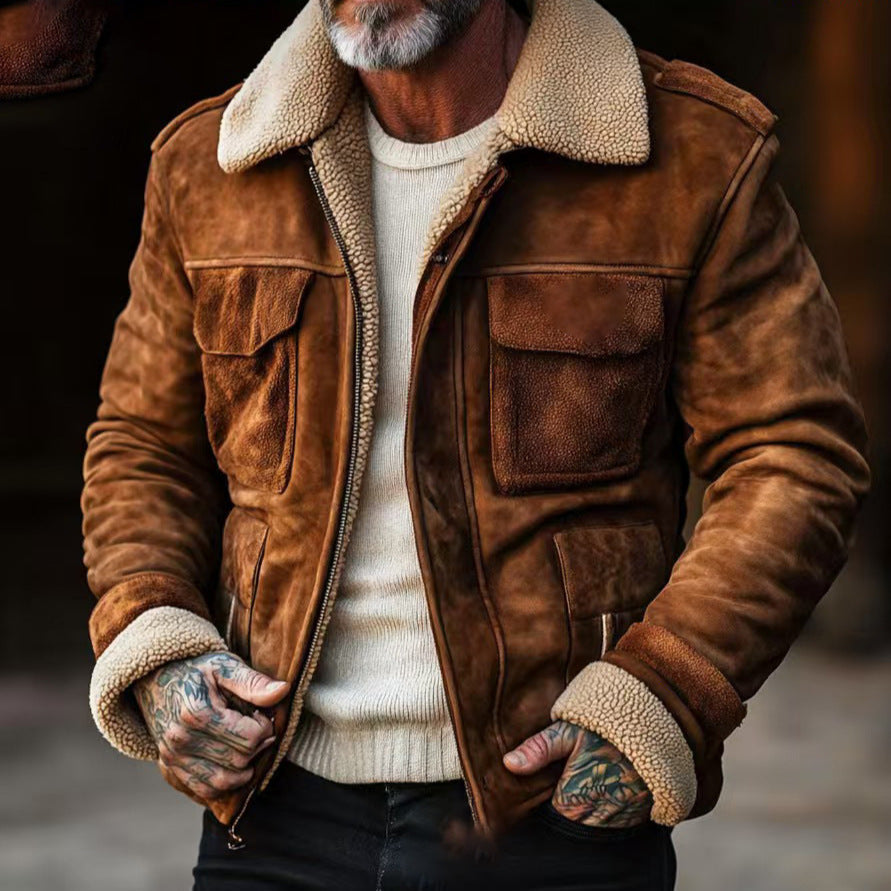 Herren Fliegerjacke aus Veloursleder mit Teddyfutter und aufgesetzten Pattentaschen Drune