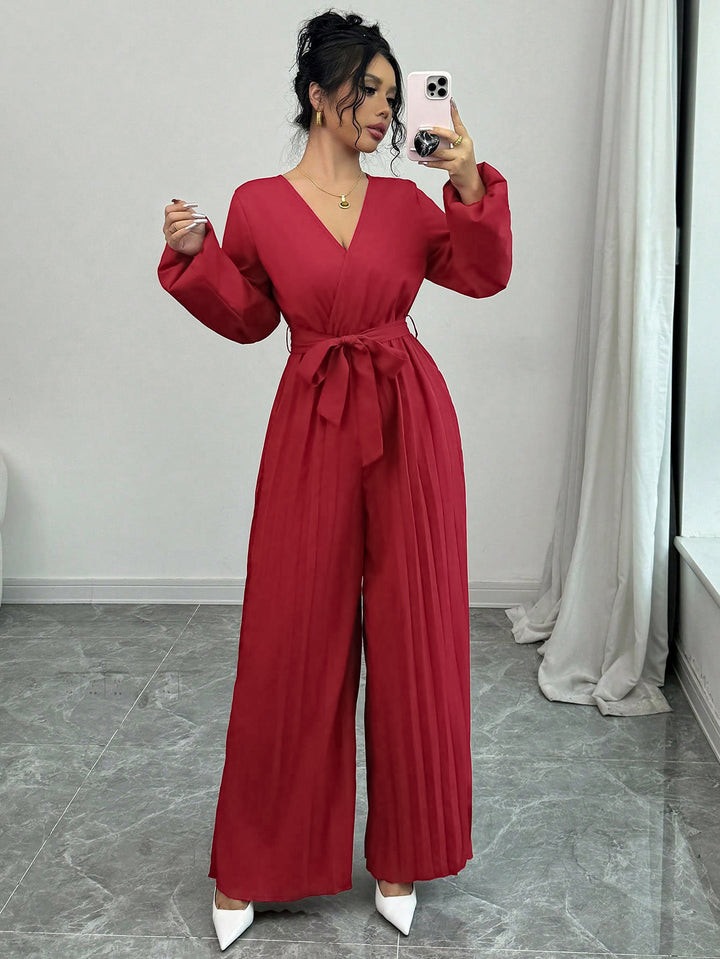 Damen Eleganter Jumpsuit mit taillierbarem Gürtel und plissiertem Schnitt Drune