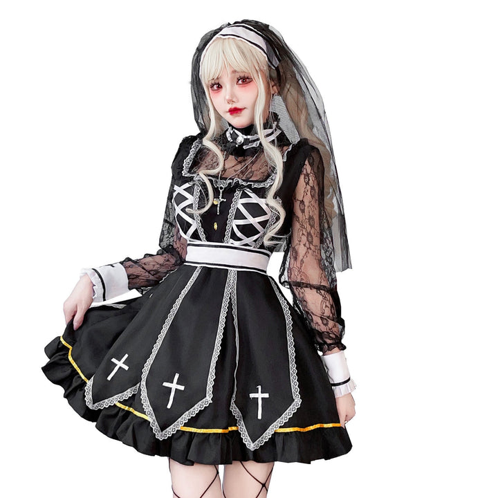 Damen Gothic Brautkostüm mit Spitzenärmeln und aufwendigen Rüschen Drune