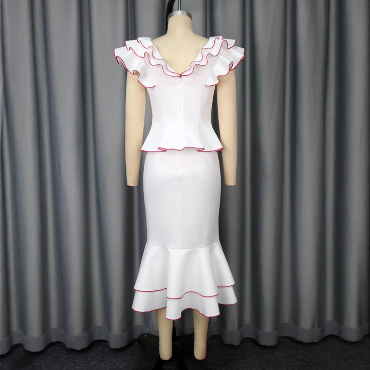 Damen figurbetontes Kleid mit voluminösem Rüschensaum und farbigem Akzent Drune