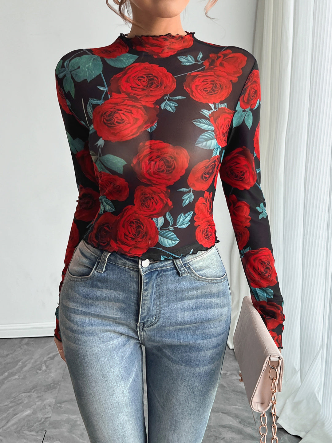 Damen nan figurbetontes Netz-Langarmshirt mit Rosenmotiv, Stehkragen und Wellensaum Drune