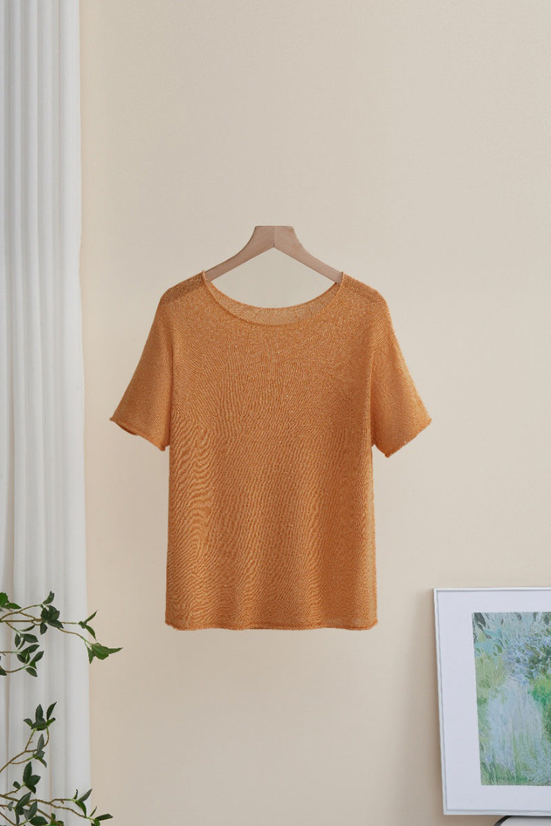 Damen Weiches Feinstrick-T-Shirt mit halbarm, weiter U-Boot-Ausschnitt und feiner Struktur Drune