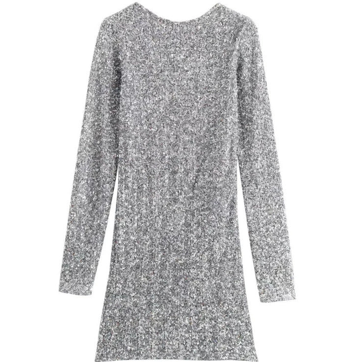 Damen Glitzerndes Pailletten-Minikleid mit langen Ärmeln und schmaler Silhouette Drune