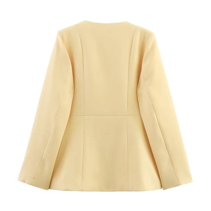Damen nan taillierte Rundhals-Blazerjacke mit verdeckter Knopfleiste, Pattentaschen und figurformenden Teilungsnähten Drune