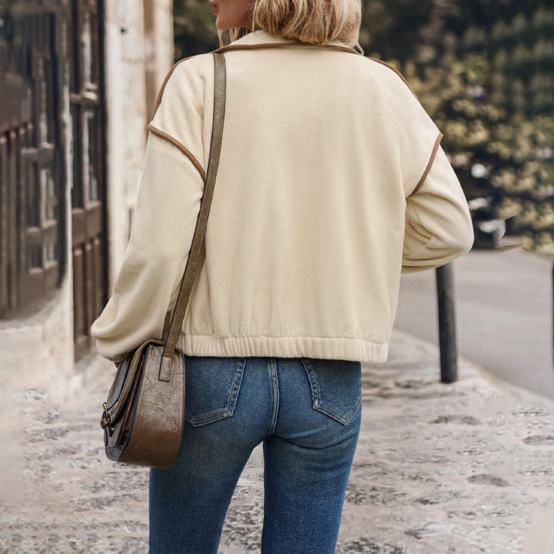 Damen Kurzjacke aus Teddy-Fleece mit Stehkragen, Kontrastpaspel und Reißverschluss Drune