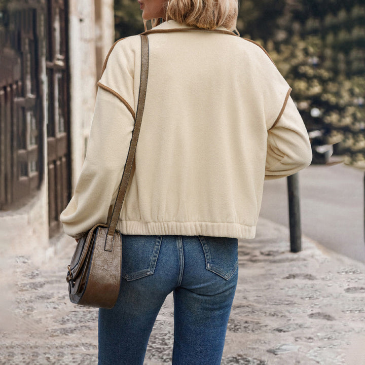 Damen Kurzjacke aus Teddy-Fleece mit Stehkragen, Kontrastpaspel und Reißverschluss Drune
