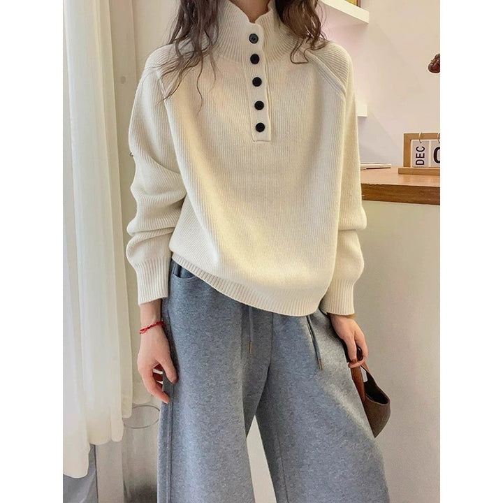 Damen lässiger Strickpullover mit Knopfleiste und kurzem Kragen Drune