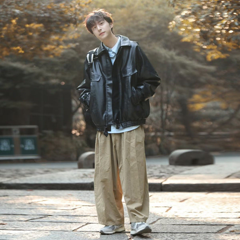 Herren Oversized Kunstleder Bomberjacke mit Pattentaschen Drune