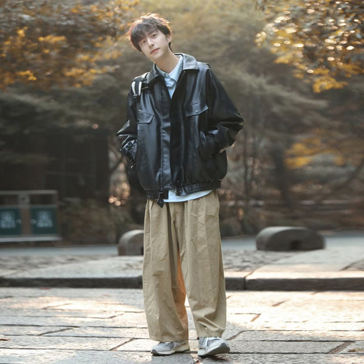 Herren Oversized Kunstleder Bomberjacke mit Pattentaschen Drune