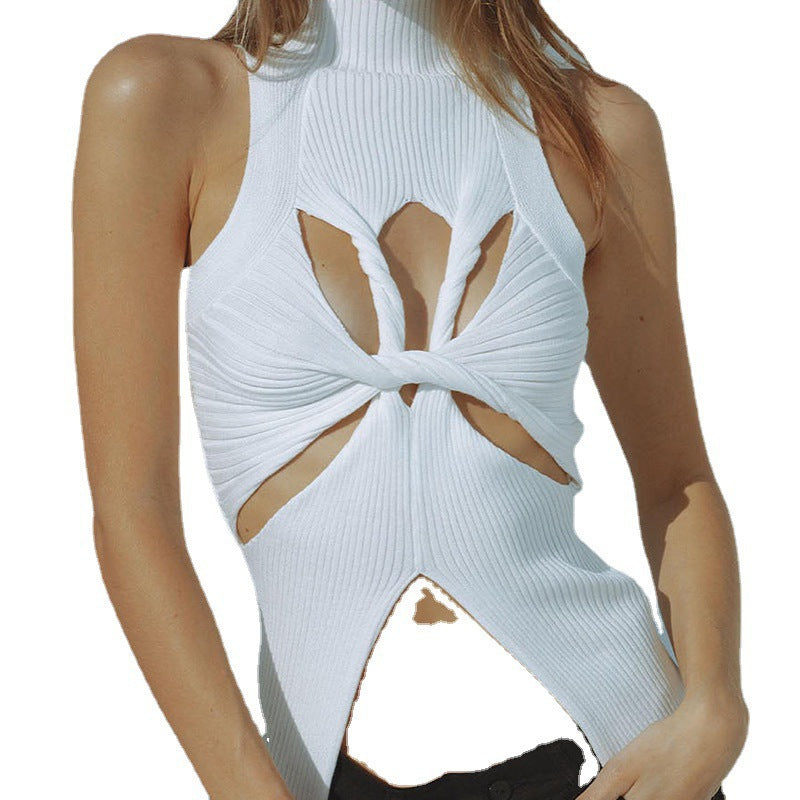 Damen figurbetontes Cut-Out Top mit hohem Kragen Drune