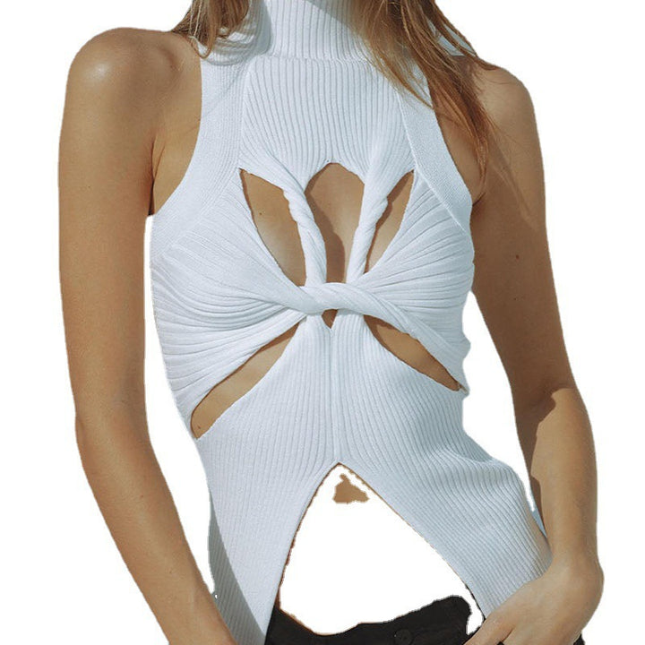 Damen figurbetontes Cut-Out Top mit hohem Kragen Drune