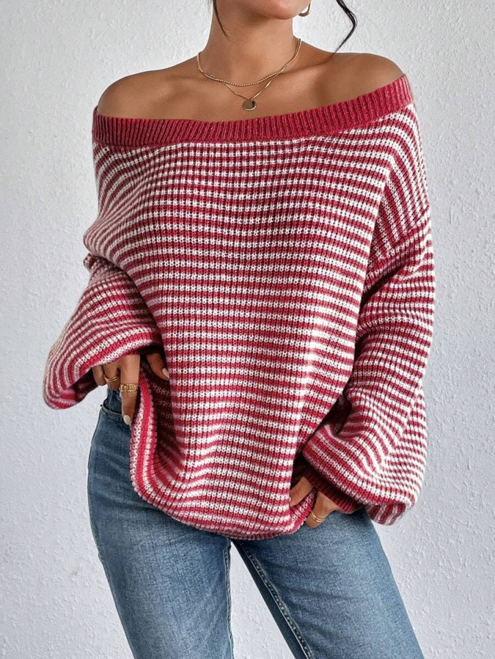 Damen lässiger Strickpullover mit weitem Schnitt und modernen Streifen Drune
