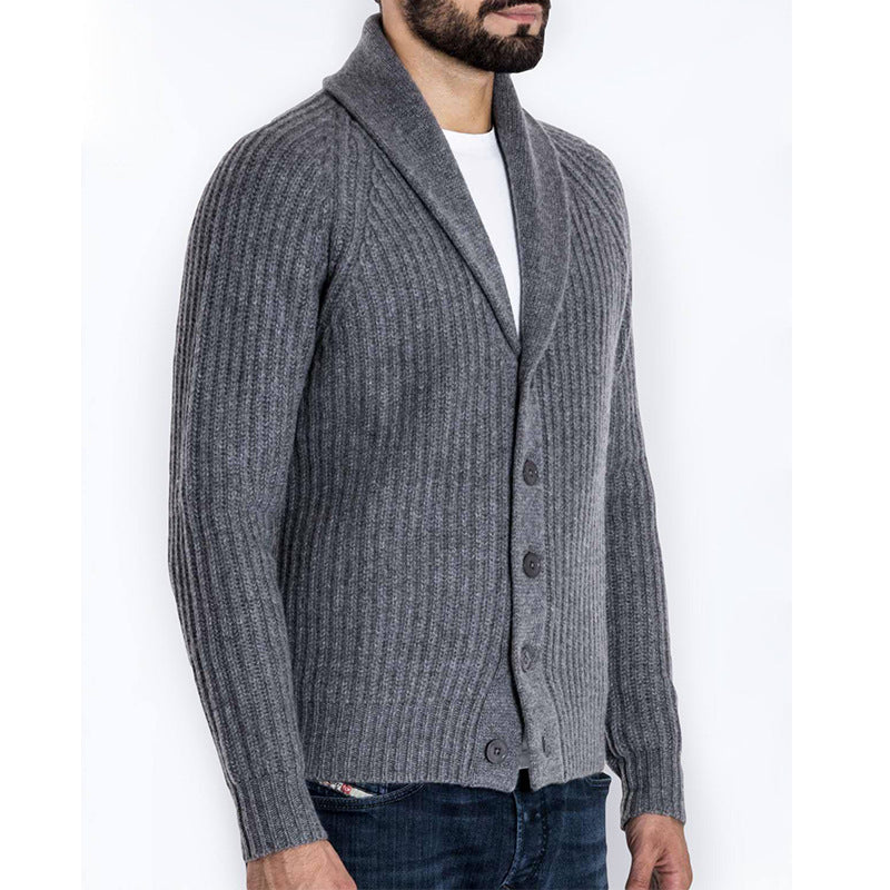 Herren Rippstrick-Cardigan mit Schalkragen und durchgehender Knopfleiste Drune
