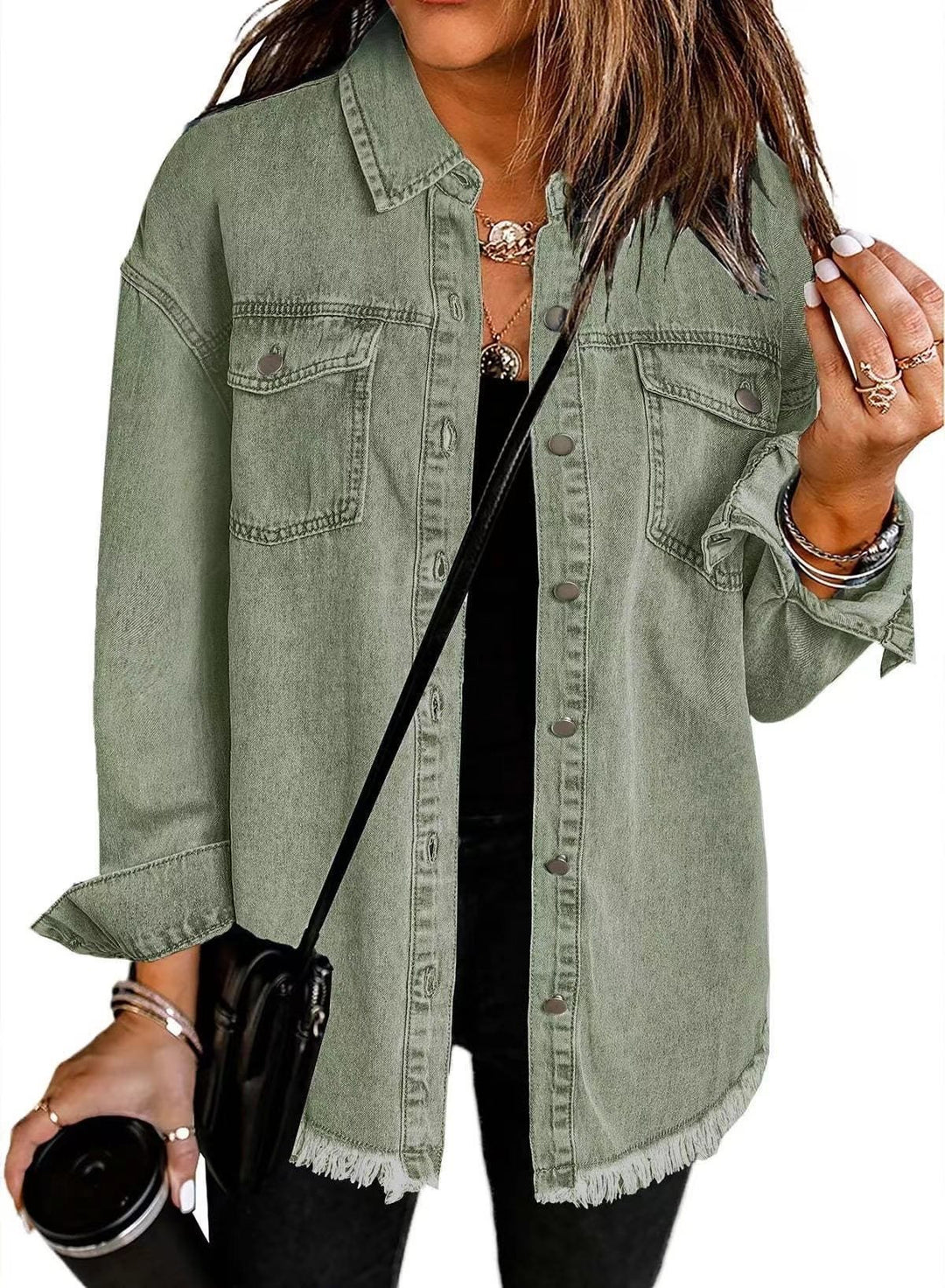Damen lässige Jeansjacke mit fransigen Säumen und aufgesetzten Taschen Drune