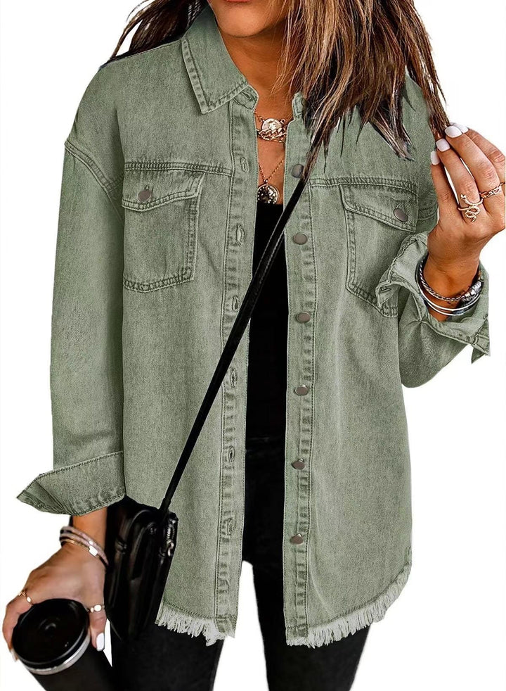 Damen lässige Jeansjacke mit fransigen Säumen und aufgesetzten Taschen Drune