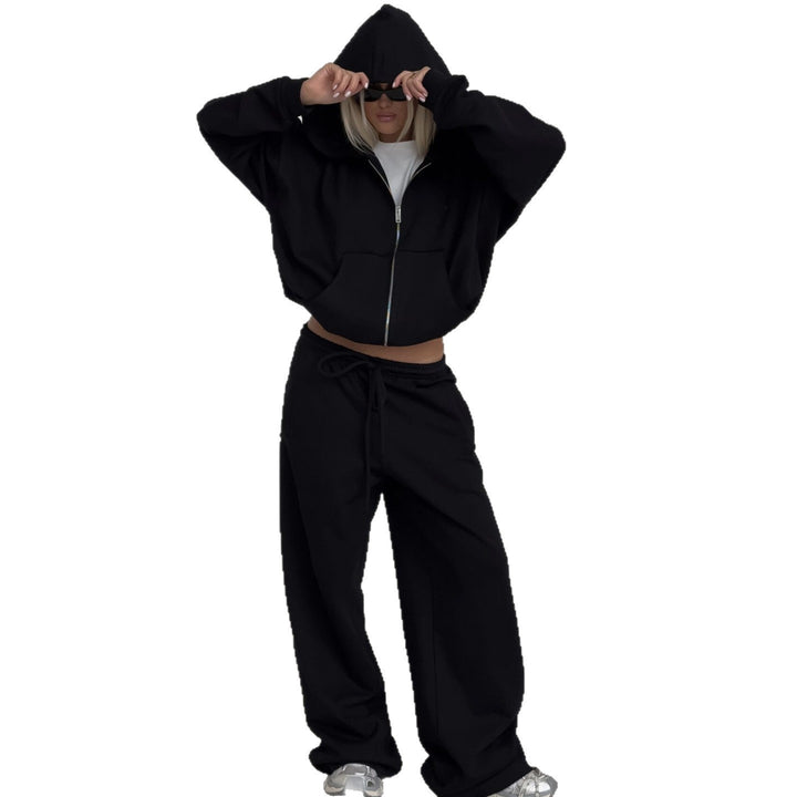 Damen oversized kurz geschnittener Kapuzenpullover und hochtaillierte Jogginghose Set aus Bio-Baumwollfleece Drune