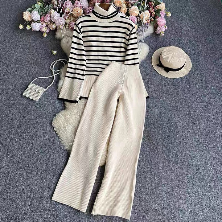 Damen elegantes gestreiftes Strickensemble mit hohem Kragen und weitem Bein Drune
