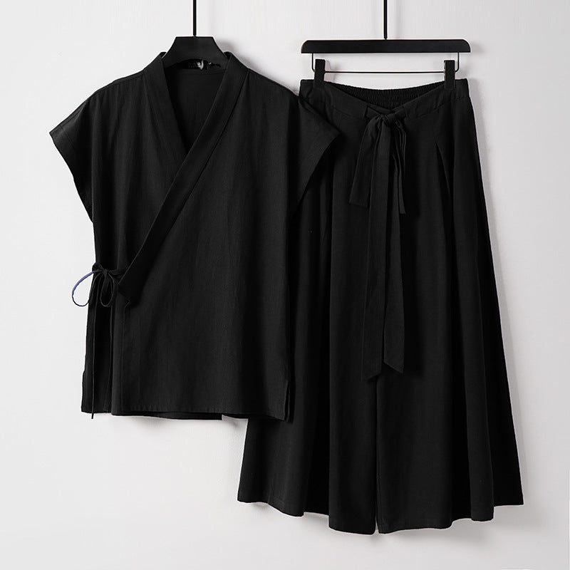 Damen Kimono-Loungewear-Set mit Wickeloberteil und weiter Palazzo-Hose Drune
