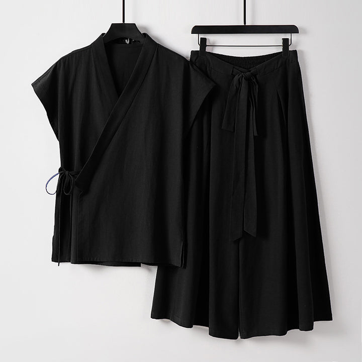 Damen Kimono-Loungewear-Set mit Wickeloberteil und weiter Palazzo-Hose Drune