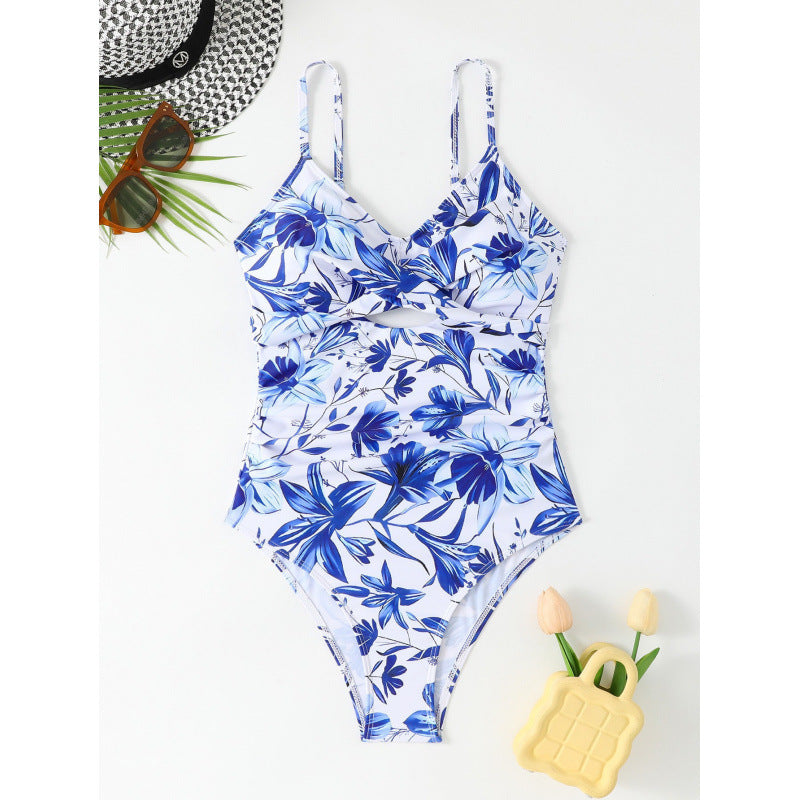 Damen Einteiler Badeanzug mit modischem floralen Design und hoch geschnittenem Ausschnitt Drune
