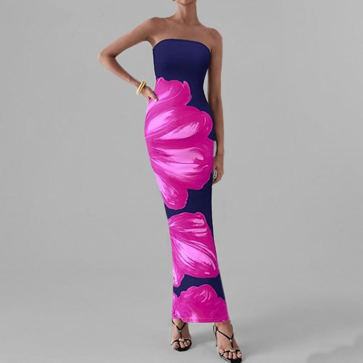 Anmutiges Blumenmuster Schulterfreies Figurbetontes Kleid Drune