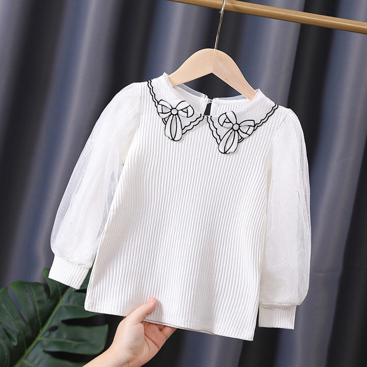 Mädchen Bluse mit transparenter Puffärmel und besticktem Kragen Drune