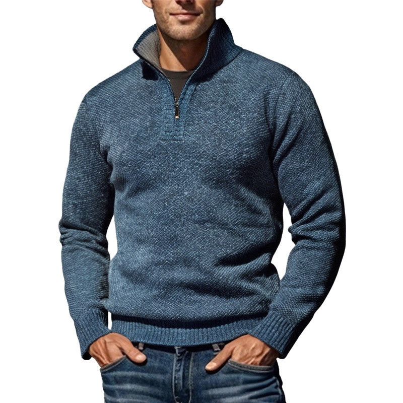 Herren nan grobgestrickter Strickpullover mit halbem Reißverschluss und hohem Stehkragen Drune