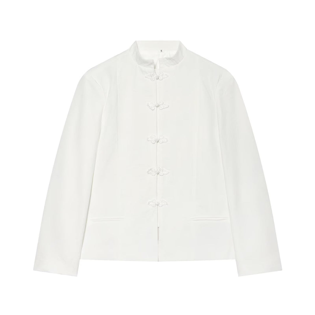 Damen Kurzjacke im Mandarin-Stil mit chinesischen Knotenverschlüssen und geradem Schnitt Drune